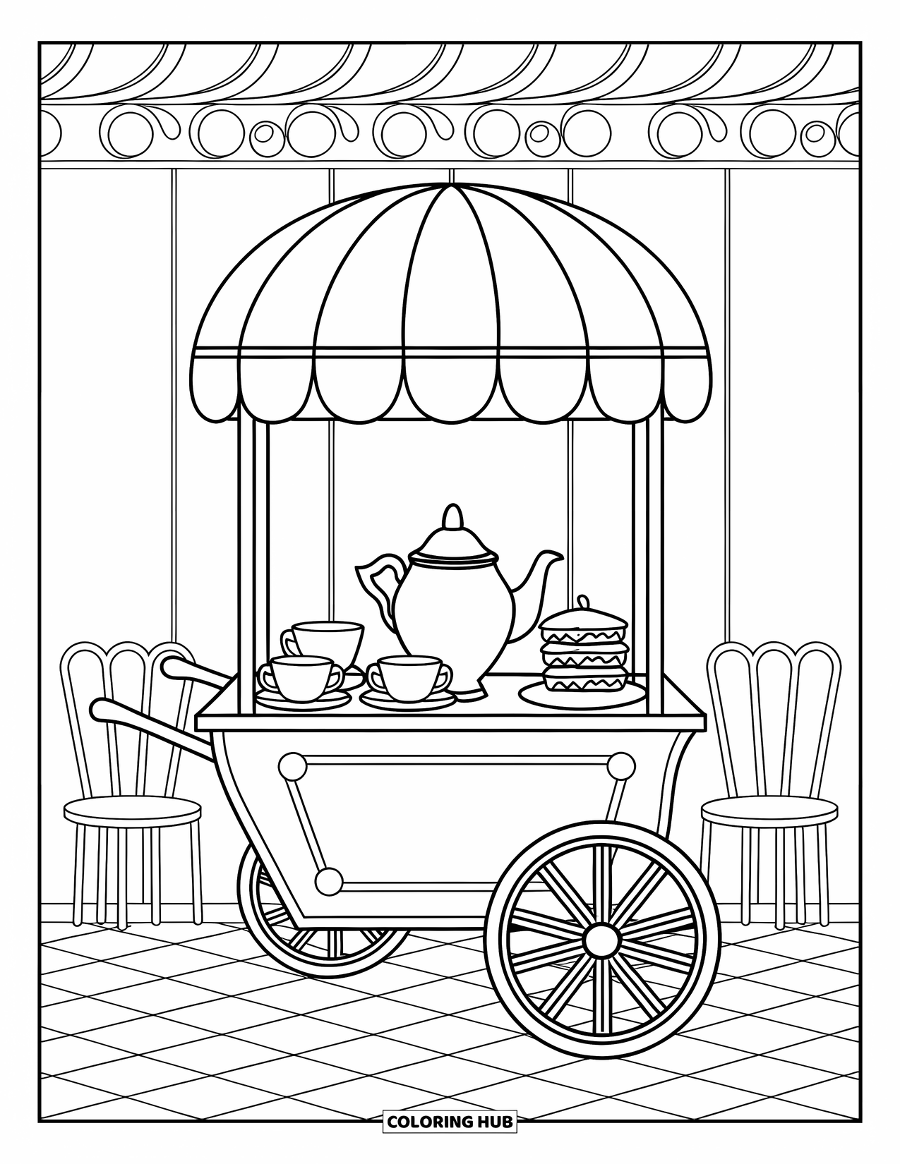 Tea Party Coloring Page for Kids: A tea cart with cups and sandwiches sits on a checkered floor