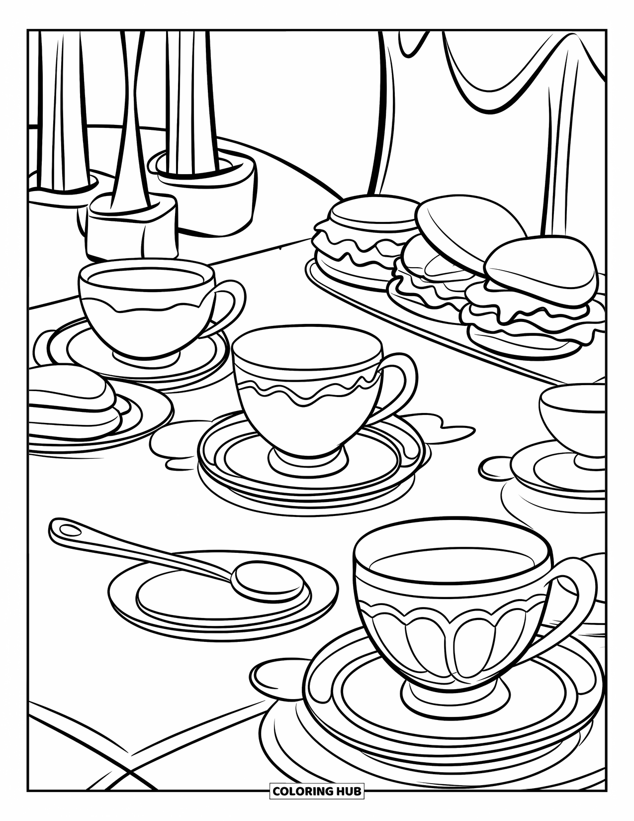 Tea Party Coloring Page for Kids: A tea party table with sandwiches, teacups, and a sugar spoon