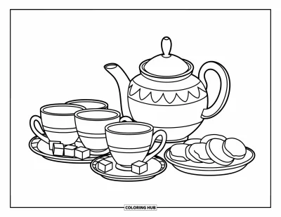 Coloriage de goûter pour enfants : Un service à thé avec une théière, quatre tasses, des morceaux de sucre et des biscuits