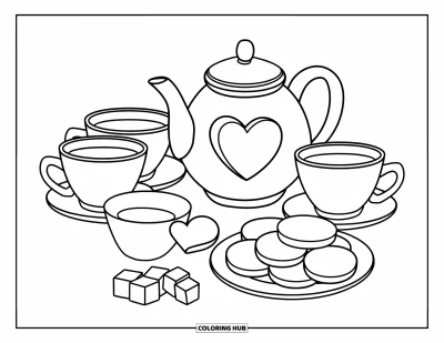 Coloriage de goûter pour enfants : Un service à thé avec des motifs de cœurs, des morceaux de sucre et une assiette de biscuits