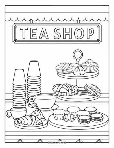 Coloriage de goûter pour enfants : Un comptoir de salon de thé avec des pâtisseries, des tasses empilées et une enseigne suspendue