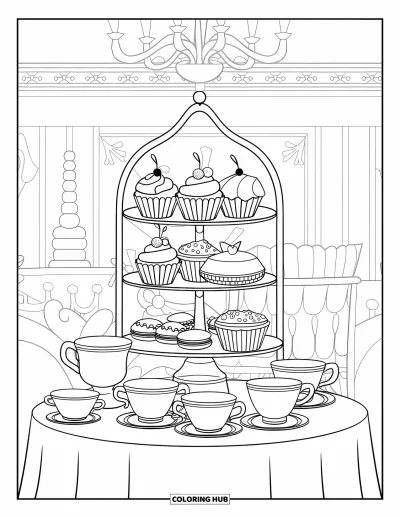 Coloriage de goûter pour enfants : Un présentoir à thé avec des desserts et des tasses installé sous un lustre