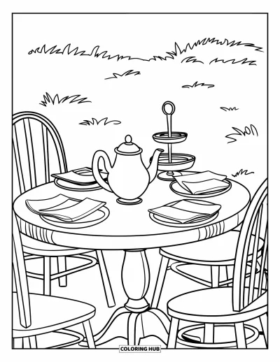 Coloriage de goûter pour enfants : Une table de goûter avec une théière, un plateau à gâteaux et trois chaises en plein air