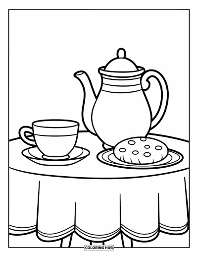 Coloriage de goûter pour enfants : Une théière, une tasse et un biscuit posés sur une table ronde avec une nappe
