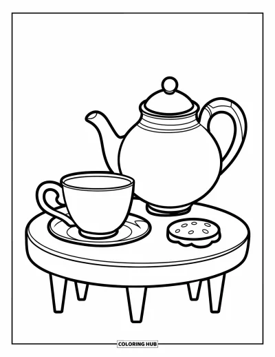 Coloriage de goûter pour enfants : Une théière, une tasse et un biscuit posés sur une petite table ronde en bois