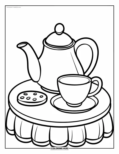 Coloriage de goûter pour enfants : Une théière, une tasse et un biscuit posés sur une petite table ronde