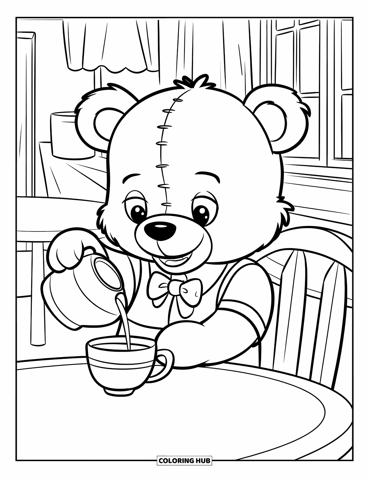 Tea Party Coloring Page for Kids: A teddy bear in a striped shirt pours tea at a kitchen table