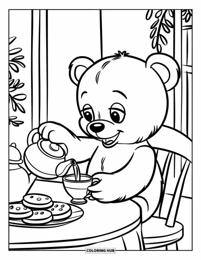Coloriage de goûter pour enfants : Un ours en peluche verse du thé à côté d'une assiette de biscuits sur la table