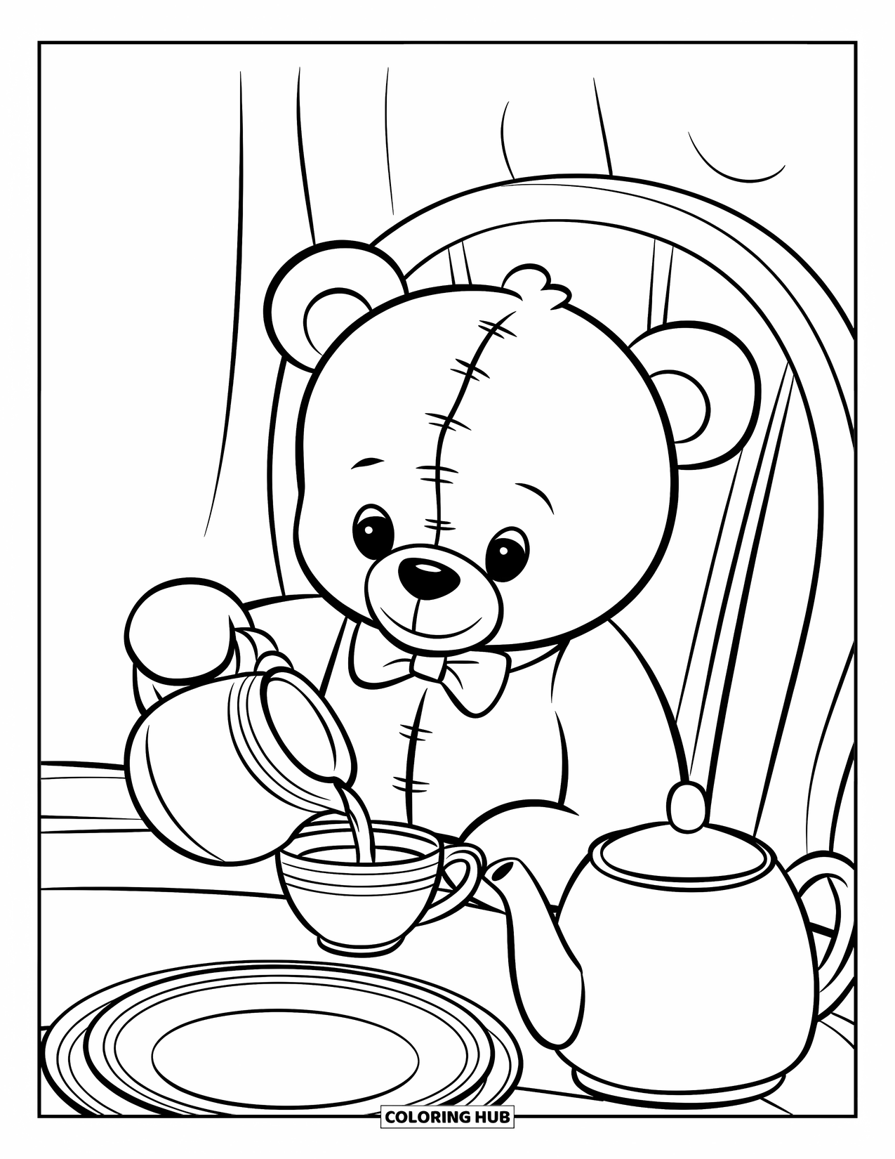 Tea Party Coloring Page for Kids: A teddy bear with a bowtie pours tea at a wooden chair table