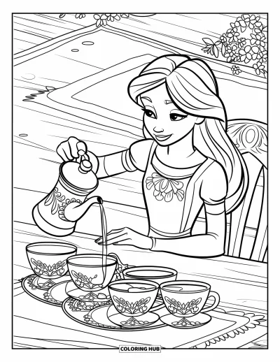 Coloriage de goûter pour enfants : Une adolescente verse du thé d'une grande théière dans des tasses à motifs à une table rustique