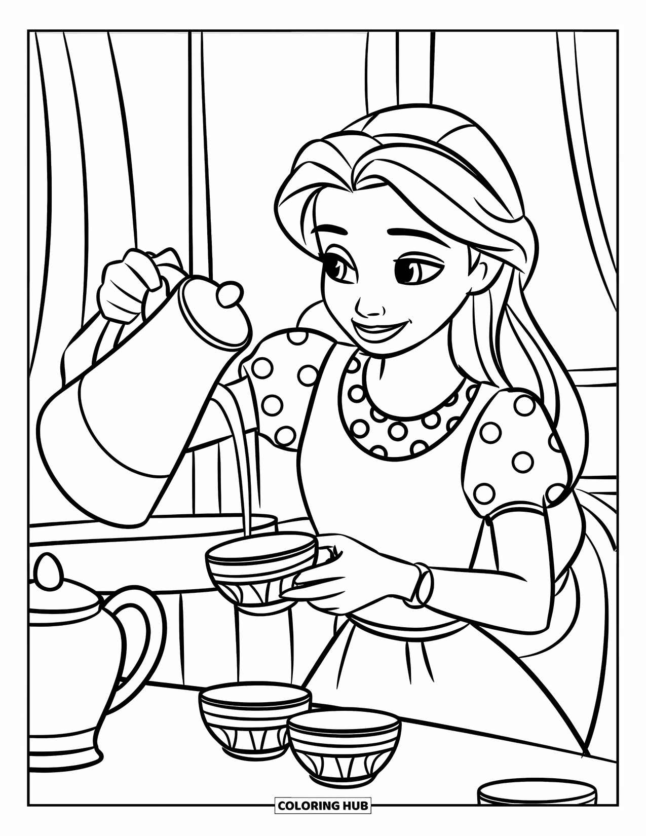 Tea Party Coloring Page for Kids: A teen with long hair pours tea into two cups on a table