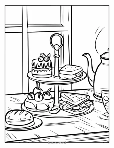 Coloriage de goûter pour enfants : Un plateau étagé avec des gâteaux, des sandwichs, une théière et un scone sur le côté