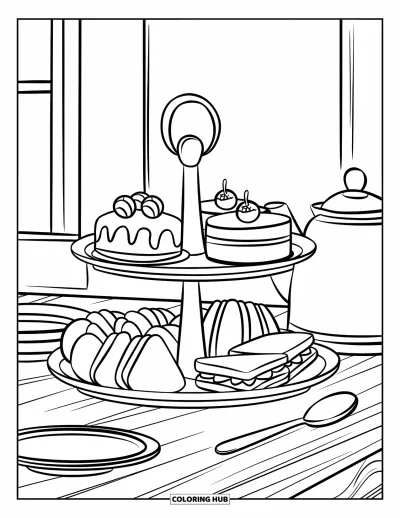 Coloriage de goûter pour enfants : Un plateau avec des gâteaux, des sandwichs et une théière posé près d'une fenêtre