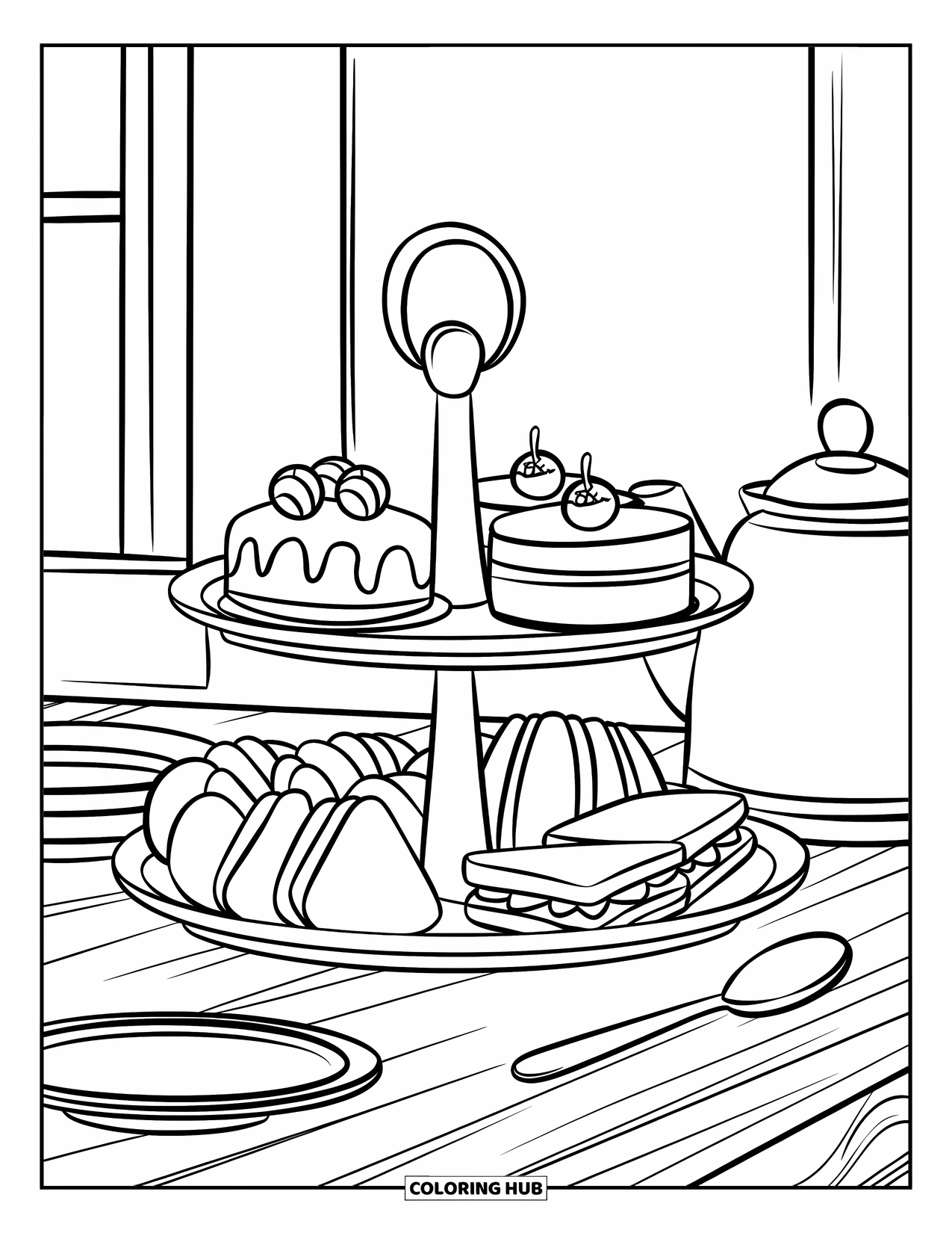Tea Party Coloring Page for Kids: A tray of cakes, sandwiches, and a teapot sits by a window