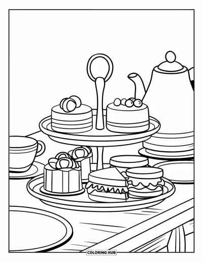 Coloriage de goûter pour enfants : Un plateau avec des gâteaux, des sandwichs et un service à thé sur une table en bois