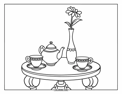 Coloriage de goûter pour enfants : Une table à thé en bois avec une théière, des tasses et un grand vase tenant une fleur