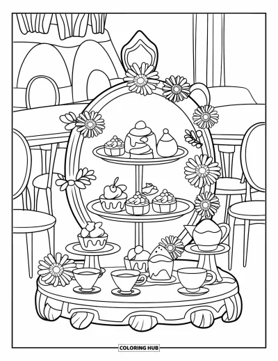 Coloriage de goûter pour enfants : Un élégant présentoir à thé avec des desserts et des tasses à côté de chaises et d'une table