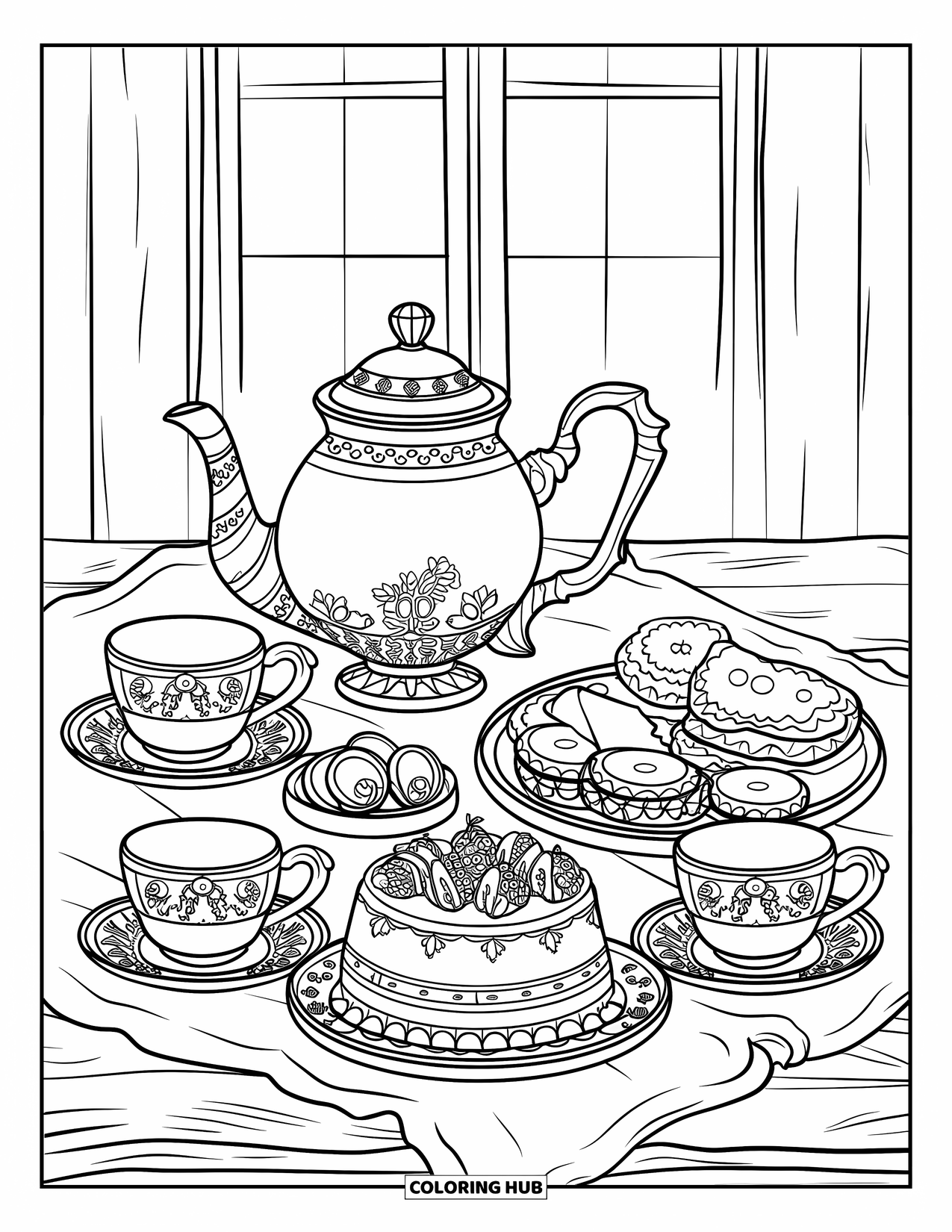 Tea Party Coloring Page for Kids: An ornate tea set with desserts like cake, cookies, and fruit