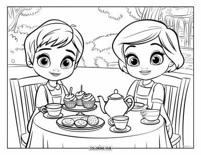 Coloriage de goûter pour enfants : Des enfants aux grands yeux savourent le thé avec des cupcakes et des biscuits en plein air
