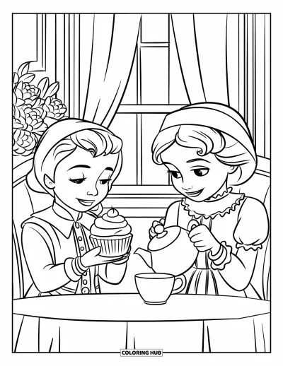 Coloriage de goûter pour enfants : Deux enfants en tenues victoriennes partagent le thé et des cupcakes autour d'une table