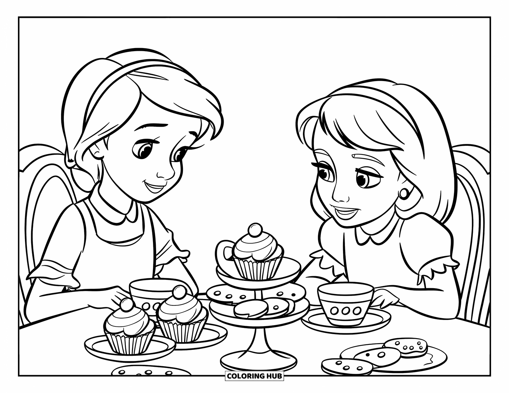 Tea Party Coloring Page for Kids: Two children sit at a table with cupcakes and cookies for tea