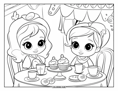 Coloriage de goûter pour enfants : Deux enfants aux grands yeux expressifs partagent le thé, des cupcakes et des biscuits ensemble