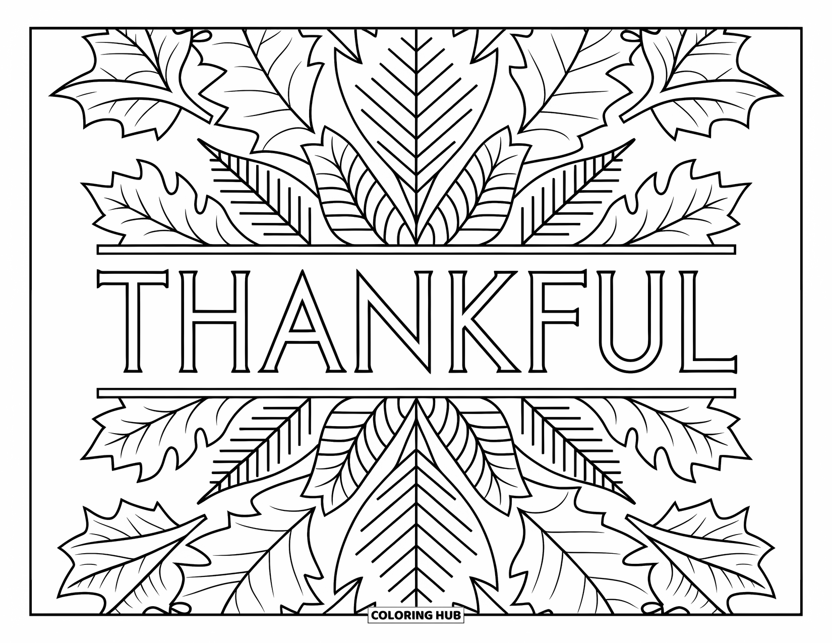 Dankbarkeits-Ausmalbild für Erwachsene: Ein beruhigendes Blätter-Mandala umgibt das anmutige Wort “Thankful”