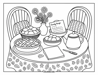 Coloriage de reconnaissance pour adultes : Une table d'automne réconfortante avec de la tarte, du thé, des fruits et un doux mot de remerciement « Thank You »