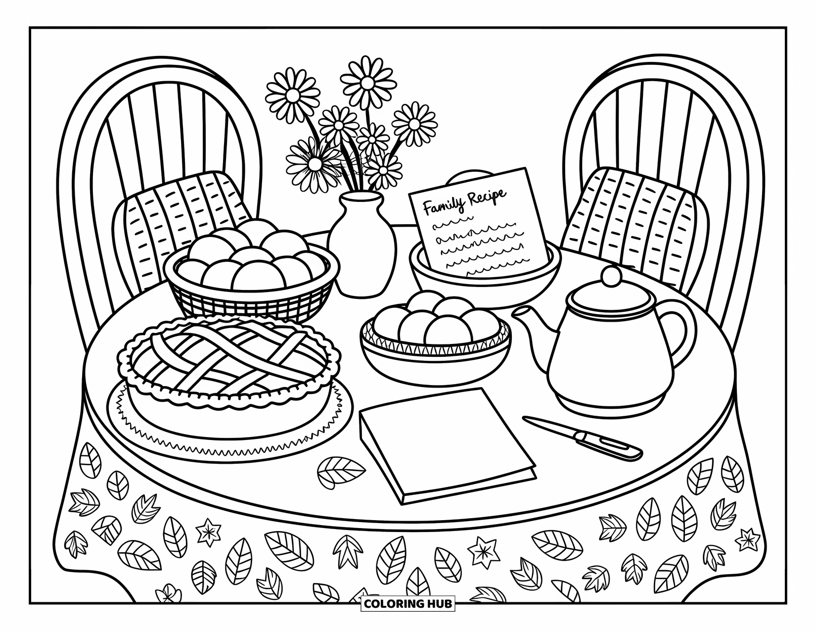 Dankbarkeits-Ausmalbild für Erwachsene: Ein gemütlicher Herbsttisch mit Kuchen, Tee, Obst und einer herzlichen “Thank You”-Notiz