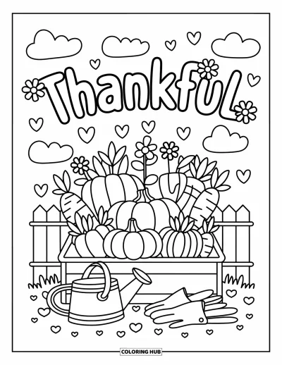 Coloriage de reconnaissance pour adultes : Un mignon potager avec des gants, un arrosoir et de grands mots « Thankful » en lettres rondes