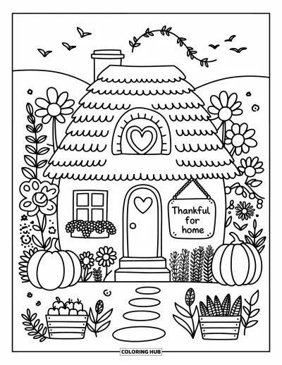 Coloriage de reconnaissance pour adultes : Un chalet avec une fenêtre en forme de cœur et un sentier charmant pour une belle scène automnale pleine de reconnaissance