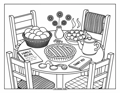 Coloriage de reconnaissance pour adultes : Une table de cuisine chaleureuse avec de la tarte, du thé et un billet de remerciement écrit à la main