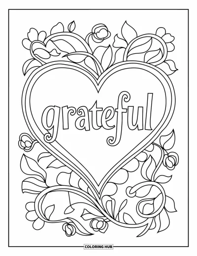 Coloriage de reconnaissance pour adultes : Un cœur décoré de vignes avec le mot « Grateful » en son centre