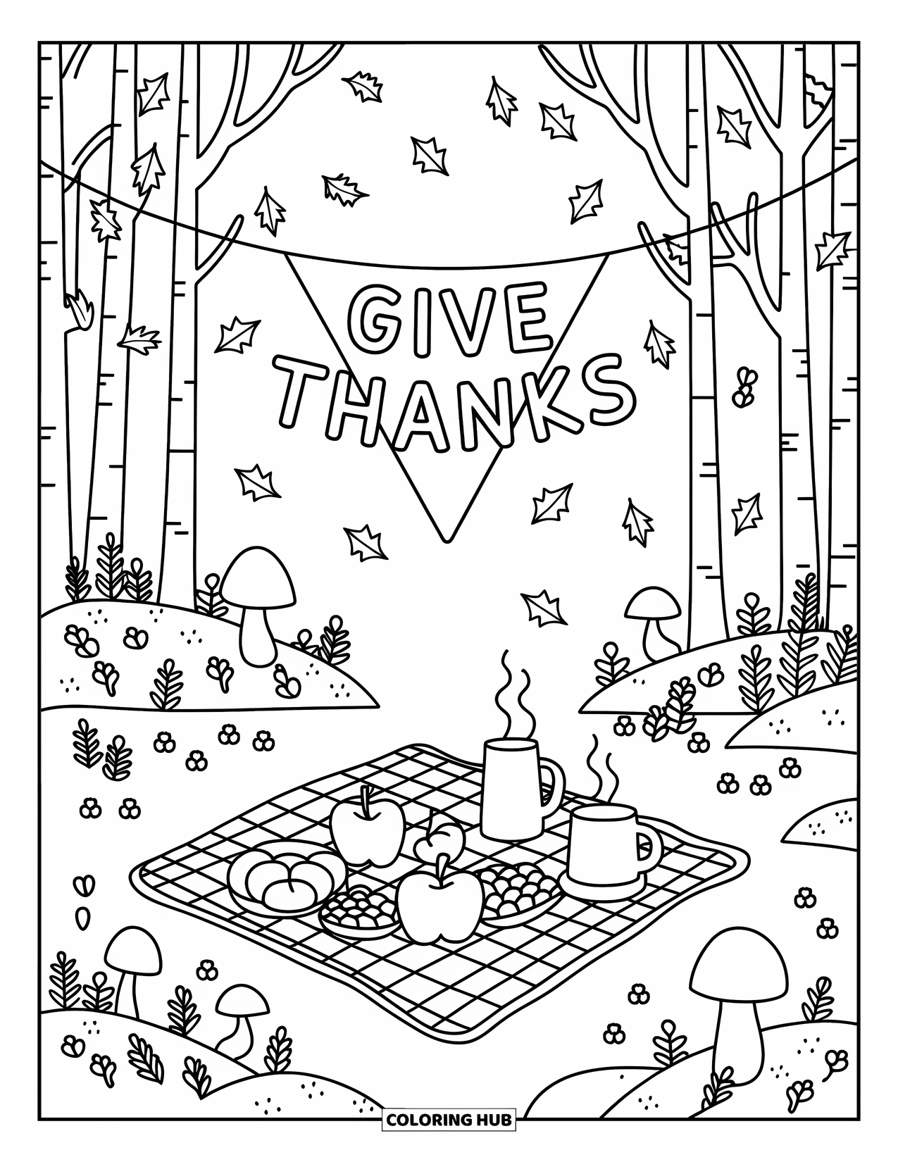 Dankbarkeits-Ausmalbild für Erwachsene: Ein friedliches Wald-Picknick mit Kuchen, Brot, Äpfeln und einem “Give Thanks”-Banner