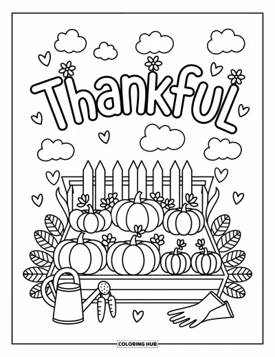 Coloriage de reconnaissance pour adultes : Une scène de jardin ludique avec des citrouilles, des carottes et un grand « Thankful » au-dessus