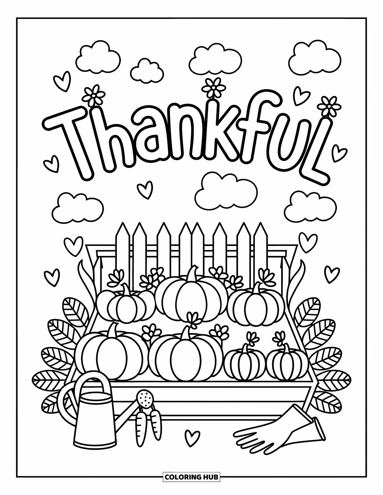 Dankbarkeits-Ausmalbild für Erwachsene: Eine verspielte Gartenszene zeigt Kürbisse, Karotten und ein kräftiges “Thankful” darüber