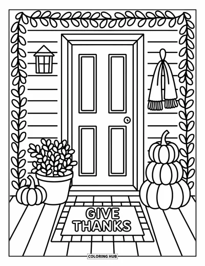 Coloriage de reconnaissance pour adultes : Un porche avec des feuilles, une lanterne et un paillasson « Give Thanks » dégageant une atmosphère calme et apaisante