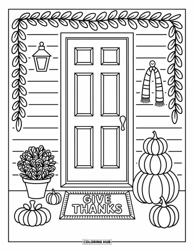Coloriage de reconnaissance pour adultes : Un joli porche avec des citrouilles, des plantes en pot et un paillasson « Give Thanks »