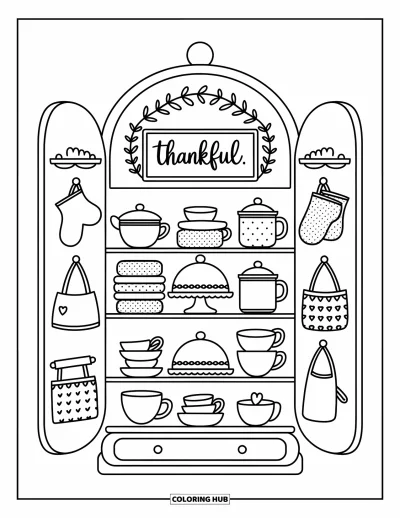 Coloriage de reconnaissance pour adultes : Une grande armoire avec des pots à biscuits, des boîtes à thé et un panneau encadré « Thankful »