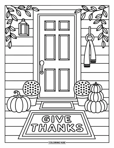 Coloriage de reconnaissance pour adultes : Une porte d'entrée accueillante avec des citrouilles empilées et un joyeux message « Give Thanks »