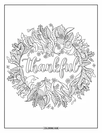 Coloriage de reconnaissance pour adultes : Un élégant « Thankful » dans un mandala floral aux détails naturels