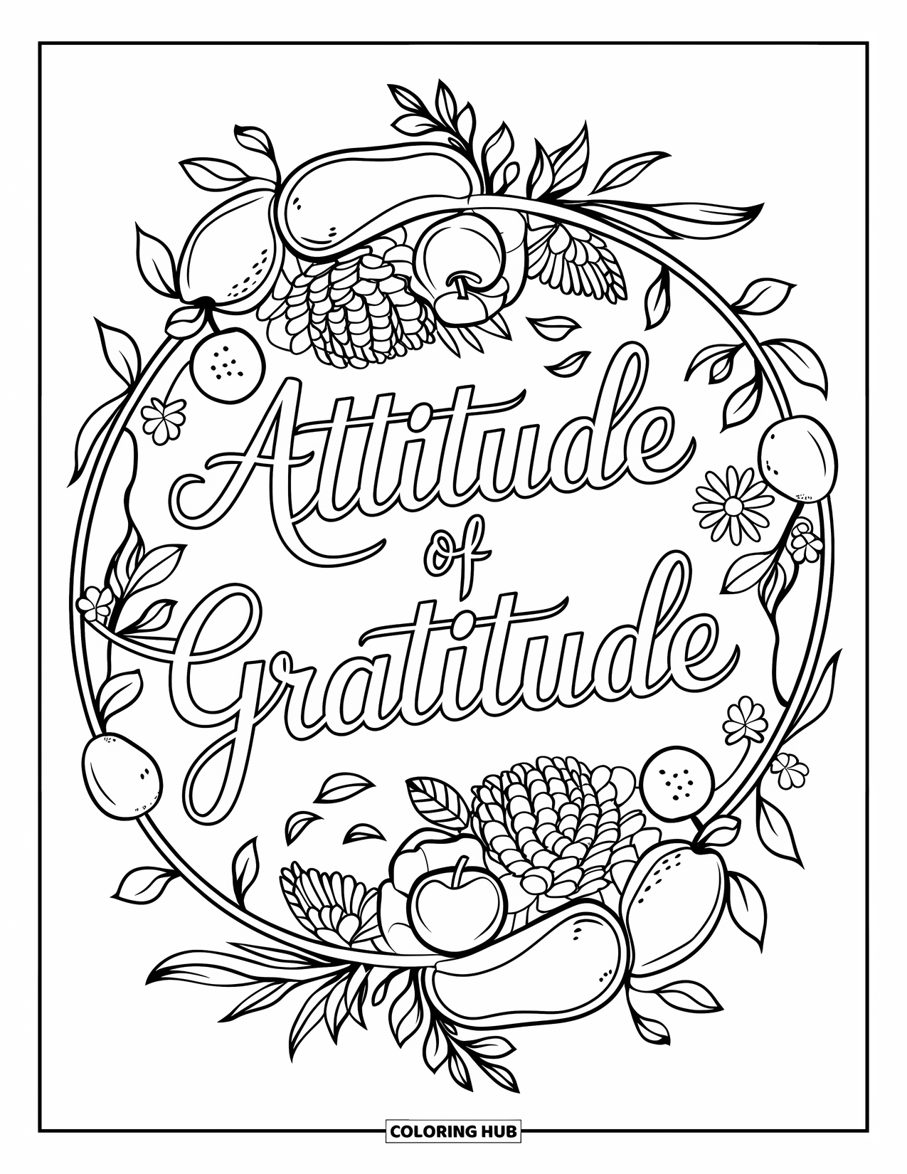 Dankbarkeits-Ausmalbild für Erwachsene: “Attitude of Gratitude” erblüht in Schichten aus Frucht- und Blumen-Mandalas