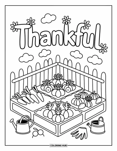 Coloriage de reconnaissance pour adultes : Des carottes, des citrouilles et des radis poussant sous un panneau de jardin avec « Thankful »