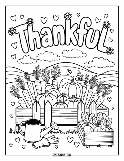 Coloriage de reconnaissance pour adultes : De grandes lettres « Thankful » s'épanouissant au-dessus d'un parterre de légumes d'automne et de petits cœurs