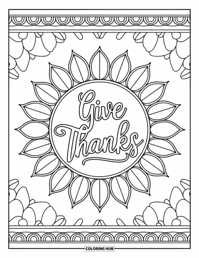 Coloriage de reconnaissance pour adultes : Un élégant « Give Thanks » s'épanouissant depuis un mandala de tournesols