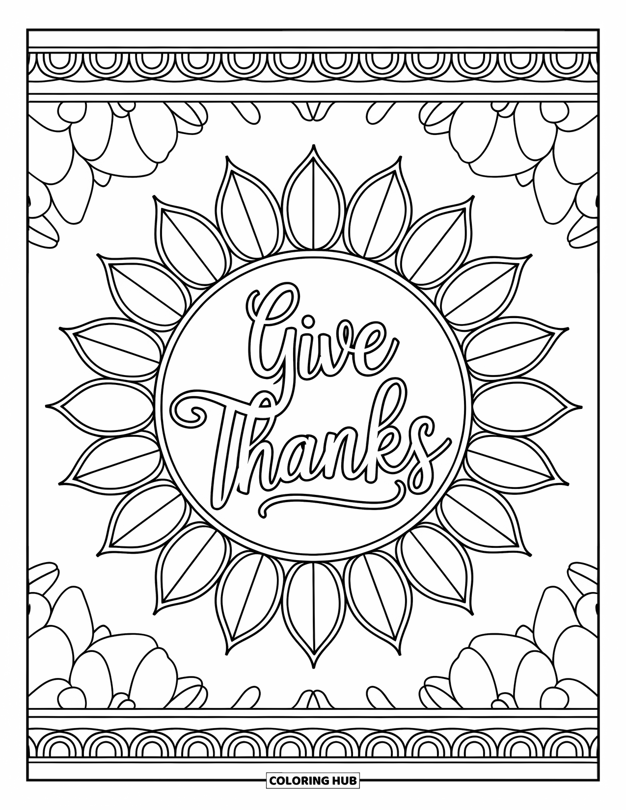 Dankbarkeits-Ausmalbild für Erwachsene: Eleganter “Give Thanks”-Schriftzug erblüht aus einem Sonnenblumen-Mandala
