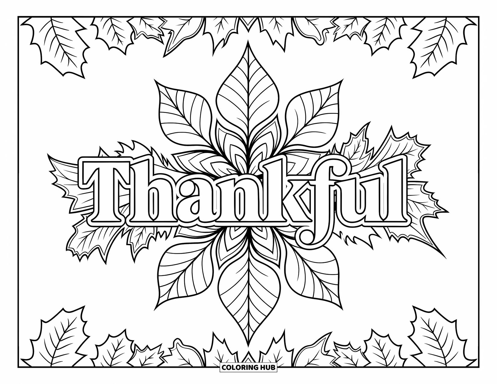 Dankbarkeits-Ausmalbild für Erwachsene: Eleganter “Thankful”-Schriftzug leuchtet in einem wirbelnden Blätter-Mandala