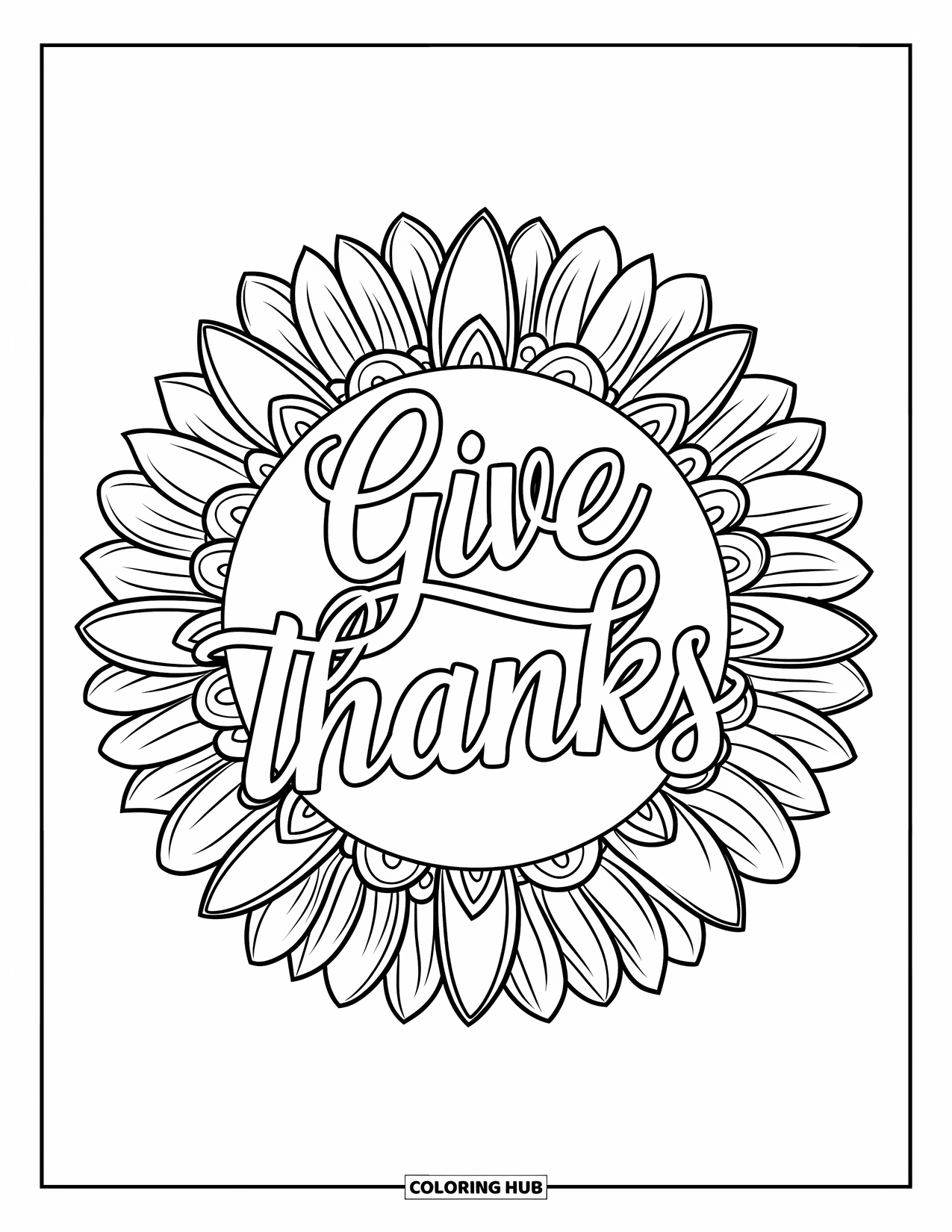 Dankbarkeits-Ausmalbild für Erwachsene: “Give Thanks” steht im Mittelpunkt eines wirbelnden, von Sonnenblumen inspirierten Mandalas