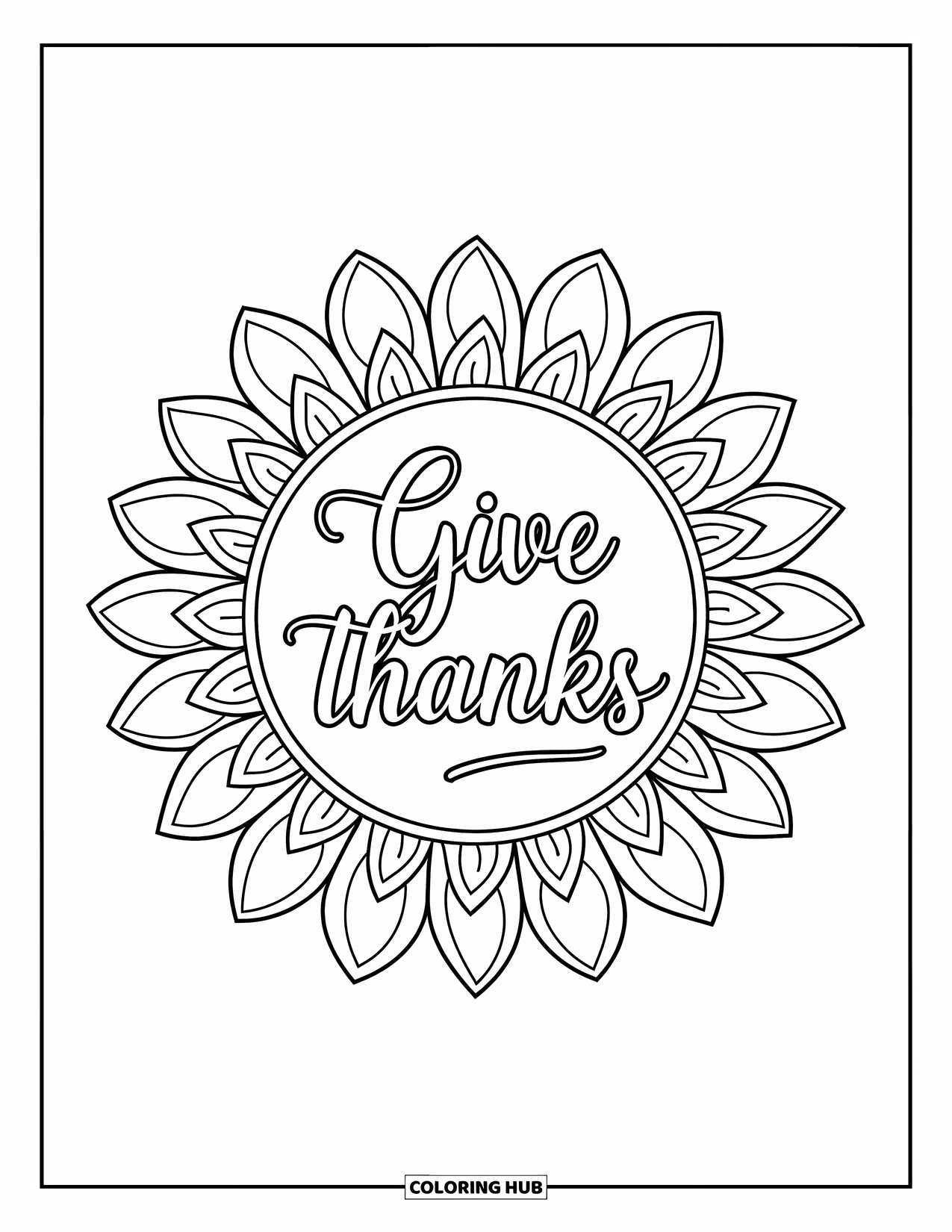 Dankbarkeits-Ausmalbild für Erwachsene: “Give Thanks” liegt in einem symmetrischen Sonnenblumen-Mandala voller sanfter Details