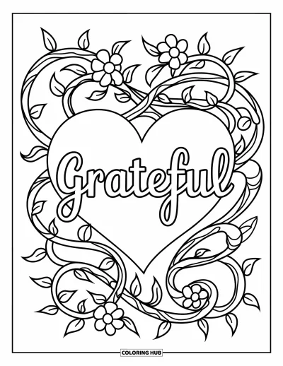 Coloriage de reconnaissance pour adultes : « Grateful » inscrit dans un cœur enveloppé de vignes détaillées et de fleurs